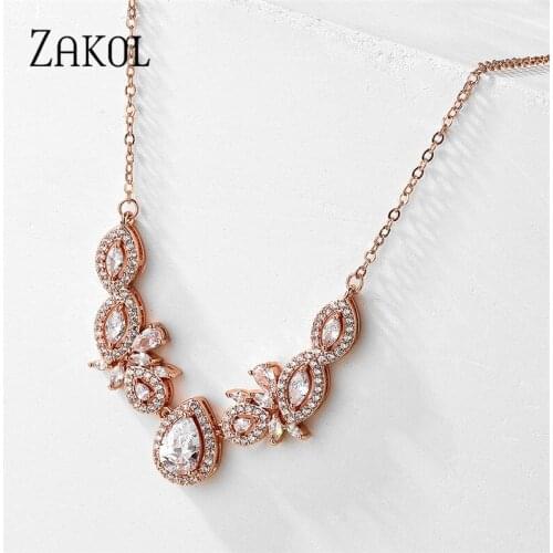 ZAKOL Luxury Exquisite Water Drop Cubic Zircon Leaf Chain Choker Necklaces for Women Fashion Bridal Wedding Party Jewelry NP2262