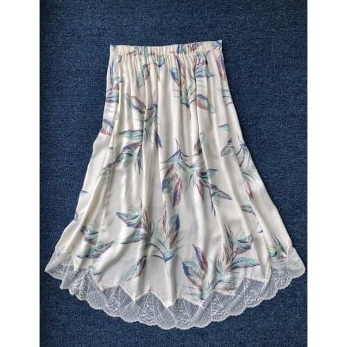 ElfStyle Top Quality Women Viscose Elastic Waist Lace Patchwork Printed Asymmetric Midi Skirt