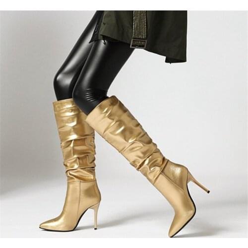 PXELENA European Sexy Pleated Stiletto Heels Knee High Boots Women Slip On Gold Silver Plus Size 34-43 Shoes Lady Party Dress 42