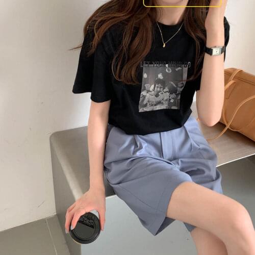 Cotton Character Pattern Korean Style Fashion Loose All Match Vintage Short Sleeve Women O-neck Summer Top T-shirts