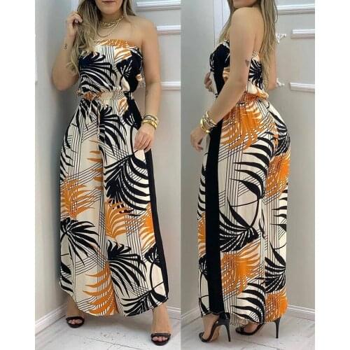 Casual Print Bandeau Wide Leg Jumpsuit Women 2021 Summer Sleeveless Loose Sexy Beachwear Rompers