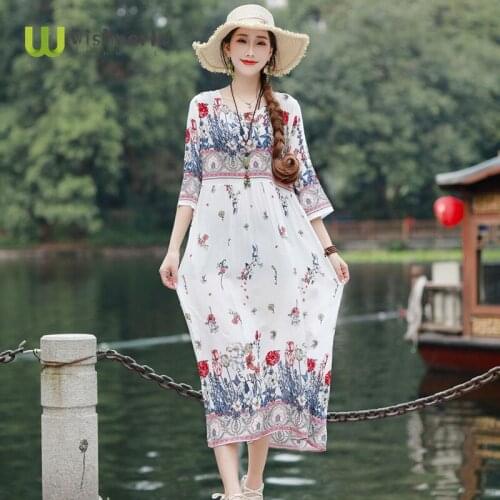 Print Female Summer of 2021 New Bohemian Long Holiday Dress Minutes of Sleeve Leisure Beach Retro national style Sundress