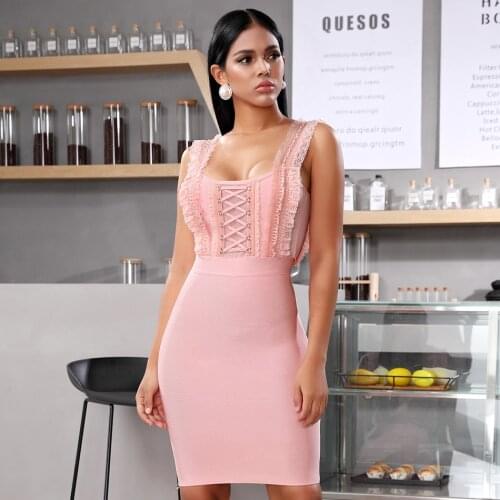 Summer Celebrity Evening Party Ruffles Spaghetti Strap Bandage Dress Women Black Lace Sexy Night club Bodycon Dresses Vestidos