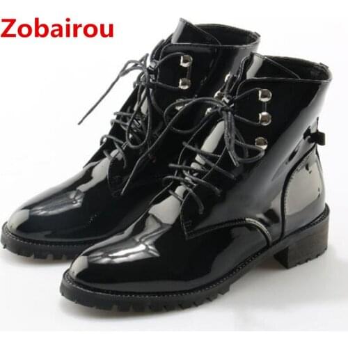 2018 Black patent leather lace up ankle boots for woman botas mujer flats punk shoes motorcycle causal chelsea boots shoes woman