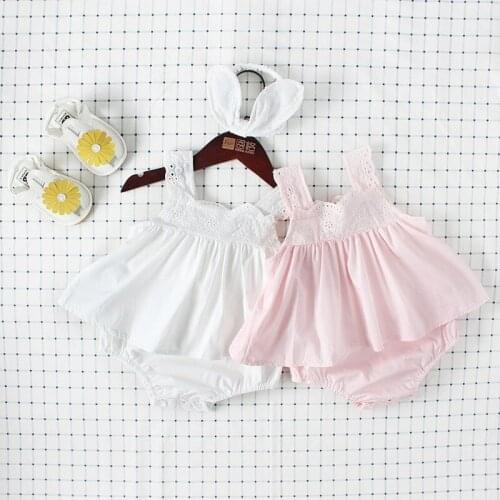 2019 Summer Baby Girl Clothes Cotton Lace Mesh Newborn Bodysuit Dress White Sleeveless Strap Infant Girl Jumpsuit Clothing 0-18M