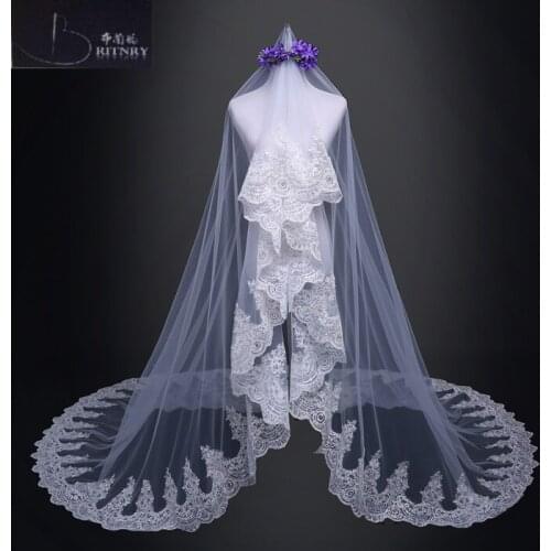 BRITNRY 3.5M Cathedral Length White Ivory Wedding Veil One Layer Lace Edge Appliques Bridal Mantilla Veil Long Veil