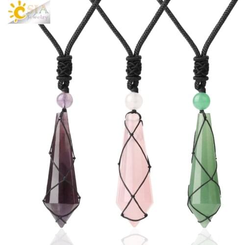 CSJA Crystal Healing Necklaces Natural Stone Pendants Hexagonal Point Clear Pink Purple Quartz Tiger Eye Rope Wrap Colliers G655