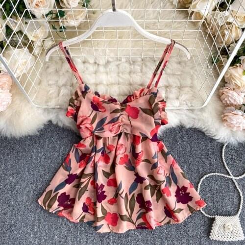 Cheap and Chic Women Summer Spaghetti Strap Chiffon Top Sweet Flowers Prints Top