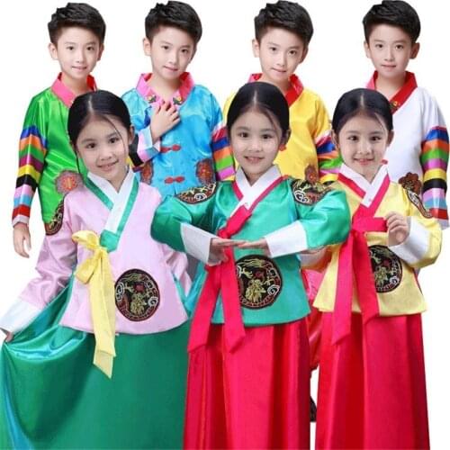 Children Korean Fashion Clothing Traditional Minority Hanbok Boys Girls Dance Stage Costumes Oriental Embroidery Festival Party