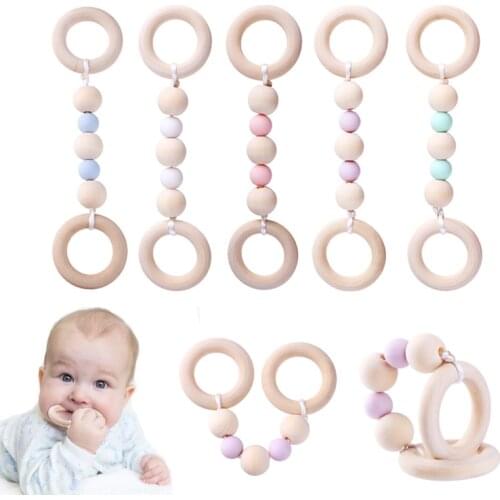 Wood Baby Teether Ring Chain Infant Nursing Silicone Wooden Beads Teething Toys Kids Tooth Training Teether Ring Chain Accessory