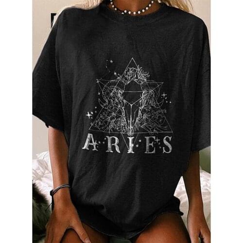 Harajuku Tee Shirt Femme Aries Print Black Oversized T Shirt Women 2021 Summer Vintage Constellation Graphic T Shirts Tops