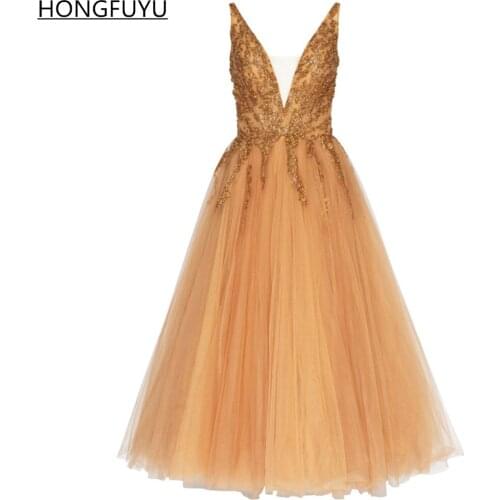 HONGFUYU Deep V-neck Short Prom Dresses with Beading robes de cocktail Gold Tulle Evening Dress robes de soirée فساتين السهرة