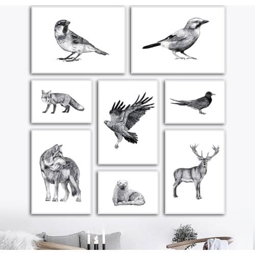 Modular Pictures Canvas Painting Black White Eagle Crow Bird Fox Deer Wolf Wall Art Posters Prints Modern Living Room Home Decor