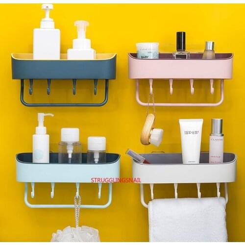 New Bathroom Shelf Shower Wall Mount Storage Rack With Towel Bar Punch Free Plastic Bathroom Shelves Bathroom Accessories