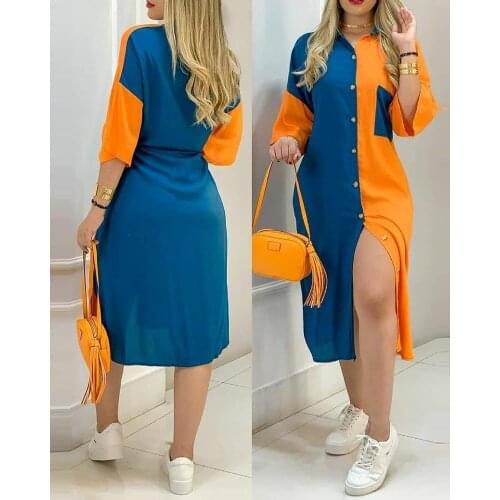 2021 Summer Fashion Streetwear Loose Turn-Down Collar Colorblock Button Design Casual Shirt Dress Loungewear Daily Wear