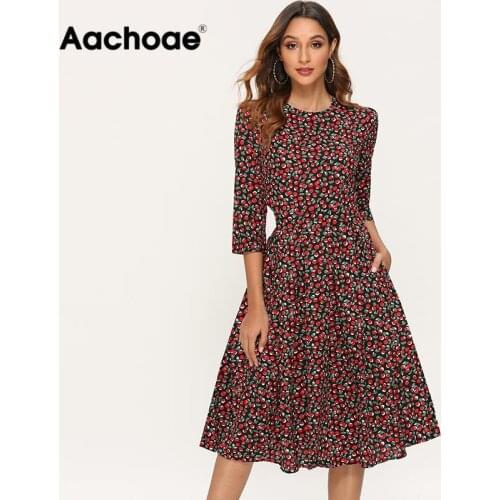 Aachoae Elegant Dresses Women 2021 Floral Print A Line Party Dress Autumn Three Quarter Sleeve O-neck Midi Dress Robe Femme