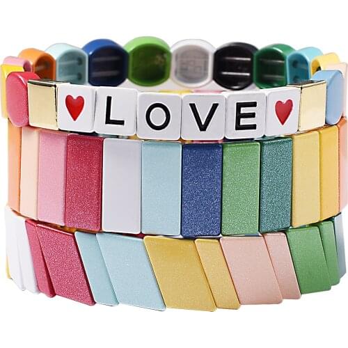 Rainbow glitter enamel tile bead bracelet for girlfriends love armbands metal myuki wrap wristband gifts for the new year 2021