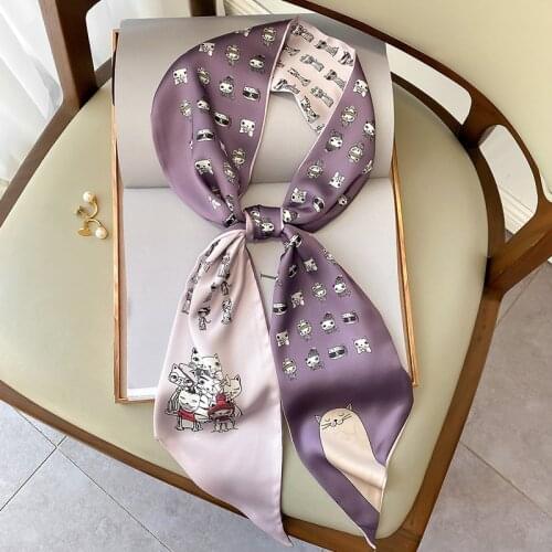 2021 Luxury Woman Small Silk Scarf Spring Autumn Animal Cat Rabbit Print Ribbon Neck Scarves Long Female Headband Bag Strap
