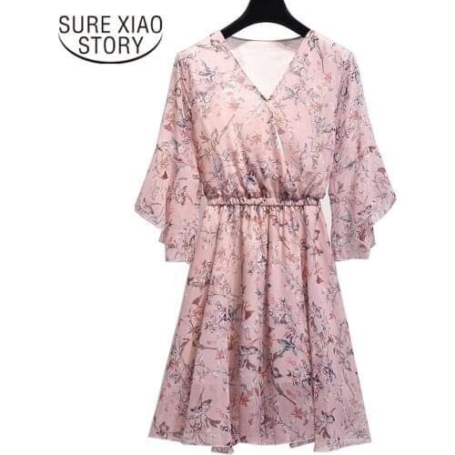2021 New Fashion V-collar Chiffon Knee Dress Summer Bohemian Casual Flowers Soft Loose Waist Women dress 4775 50