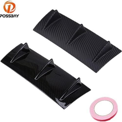 POSSBAY Universal Car Rear Lower Bumper Lip Diffuser 3 Fin Shark Fin Style Car Back Bumper Spoiler Lip Splitter Carbon Fiber ABS