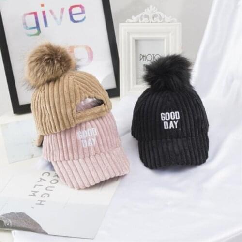 Toddler Corduroy Trucker Hat Baseball Caps Letter Embroidery Furry Balls Pompom Cap Toddler Accessories For Baby Boys Girls