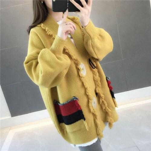 Vintage Sweater Coat Womens 2021 New Spring Autumn Solid Color Cardigan Versatile Thickened Korean Loose Knit Cardigan Female