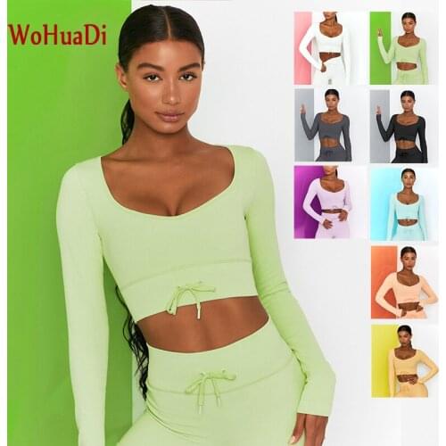 WOHUADI Candy Color Womens Clothing Long Sleeve T-Shirt Set Gym Fitness Workout Yoga Sportswear High Waist Leggings Drawstring