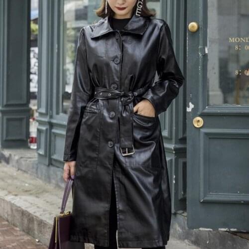 Long PU Windbreaker Women autumn lapel Long Sleeve Belt Faux Leather Trench Coat
