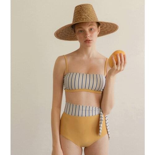 2021 New Korea Women Sexy Stripe Bikini Set Bandage High Waist Swimsuit Brazilian Biquini Swimwear Summer Beach Wear