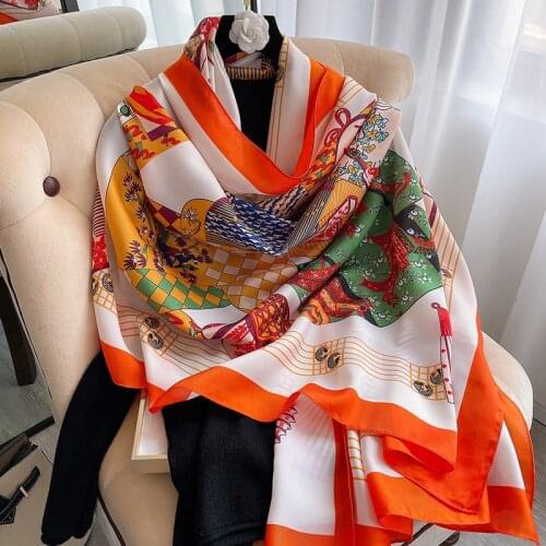 Foulard Pashmina Silk Scarf Women 202 Design Print Foulard Shawls and Wraps Hijab Headbands Foulard Female Echarpe Beach Stoles