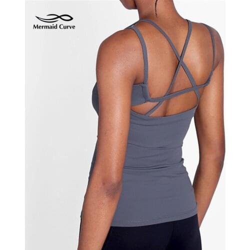 Mermaid Curve Sexy Cross Shoulder Strap Yoga Vest Women Gym Sleeveless Tank Breathable Quick-Drying Running Vest With Chest Pad