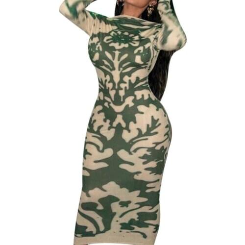 Women Printed Backless Long Dress Long Sleeve O-neck High Waist Dress for Spring, Fall