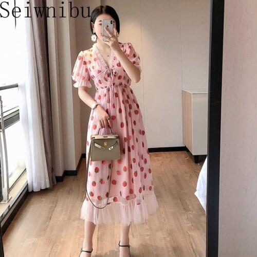 Summer Runway Hot Drill Strawberry Dress Women Sweet Long Flare Sleeve V-Neck Empire Lace-up Sheer Mesh Holiday Pink Dress