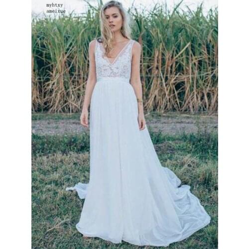 Sexy Vestido De Noiva 2020 Deep-v-neck A Line Cheap Wedding Dress Vestido De Novia Playa Custom Made Backless Bride Dresses