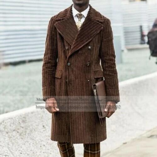 Winter Manteaux Homme Brown Double Breasted Blazer Corduroy Men Coat Long Wide Lapel Travel Causal Tailored Businee Jacket 2021