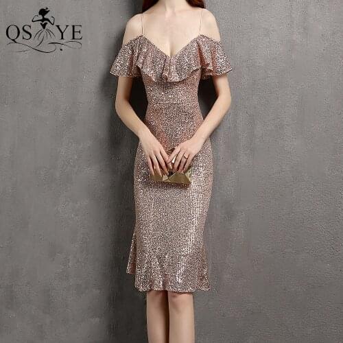 Gold Short Prom Dresses Sparkle Sequin Evening Gown Ruffles Neck Spaghetti Straps Formal Party Dress Short Mermaid Cocktail Gown