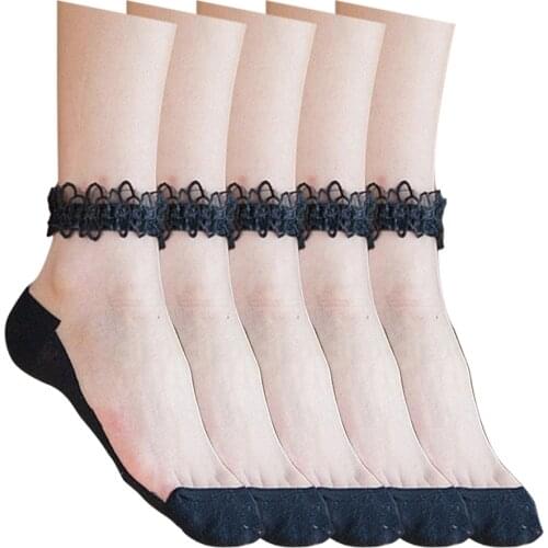 5 Pcs Women Floral Lace Crystal Sheer Ankle Socks Ultra Thin Soft Breathable Low Cut Transparent Cute Stylish Girl Short Socks