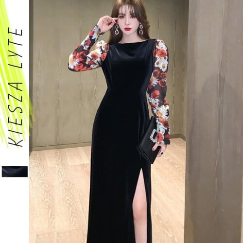 Velvet Dress Long Sleeve Printed Spliced Black Long Dresses 2021 Spring Sexy New Year Party Dress