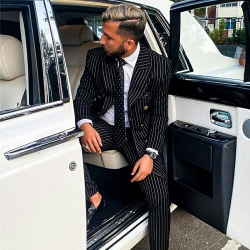 Formal Black Stripe Mens Coat Suits Custom Made Plus Size Business Best Man Jacket Blazer 2 Pieces ( Jacket+Black Pants)