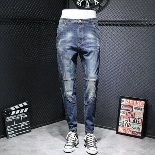 Autumn Mens Denim Harem Pants Loose Fit Pencil Pants Fashion Patchwork Straight Jeans Men Winter Fleece Jeans Large Size 40 42