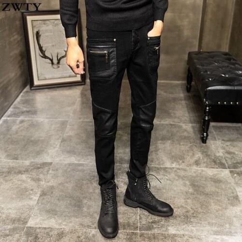 ZWTY Mens Pant Faux Leather Jeans Spliced Denim Trousers Male Stretch Slim Fit Punk Stage Singer Motorcycle Casual Pants Men