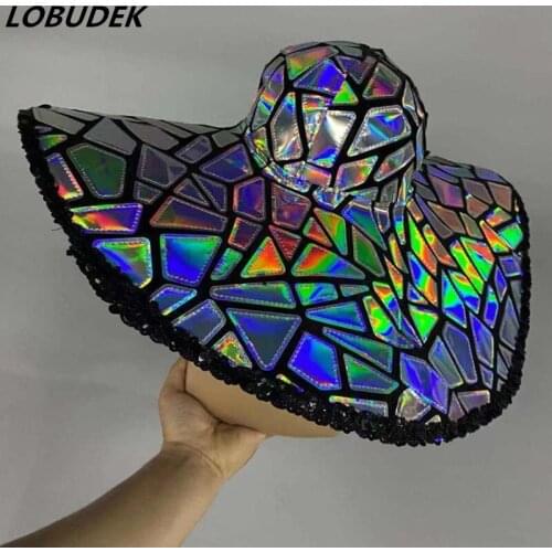 Reflective Silver Gold Sequins Big Hat Stage Performance Headdress Women Singer Dancer Nightclub Bar Stage Accessories