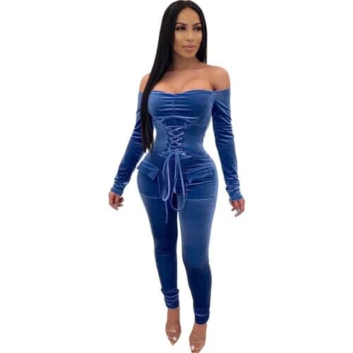 Sexy Lace Up Velvet Bandage Jumpsuit Winter Women Slash Neck Off Shoulder Skinny Long Sleeve Romper Club Body Overalls Pockets