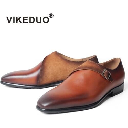 VIKEDUO Brown Monk Shoes For Men Genuine Leather Square Toe Handmade Patina Shoes Wedding Office Formal Dress Shoes Man Footwear