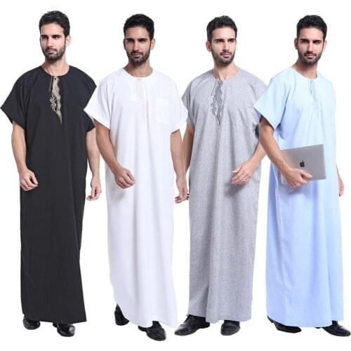 Summer Vintage Half Sleeve Men Muslim Kaftan Robes Casual O Neck Printed Jubba Thobe Solid Color Arabic Clothes Dress 3XL PW206