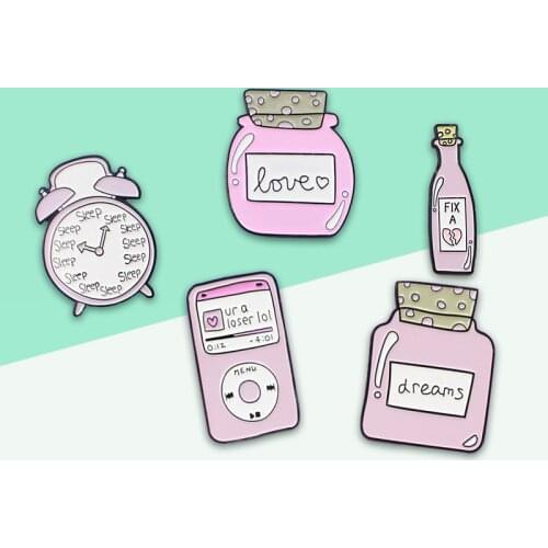 Cartoon Pink Love Dreams Bottle MP3 Alarm Clock Brooches Funny Enamel Pin Backpack Clothes Jewelry Accessories Gift for friend