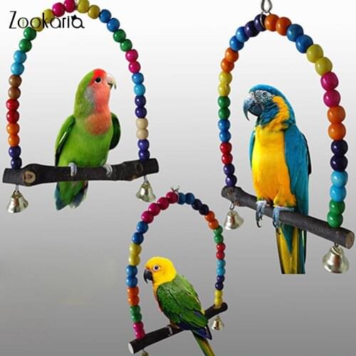 1PC Natural Wooden Parrots Swing Toy Birds Colorful Beads Bird Supplies Bells Toys Perch Hanging Swings Cage for Pets