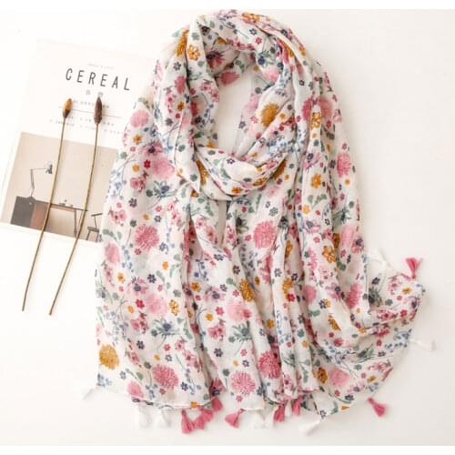 New Pink Color Scarf Women Luxury Brand Printed Beach Hijab Fashion Soft Shawls and Wraps Long Tassel Bandana