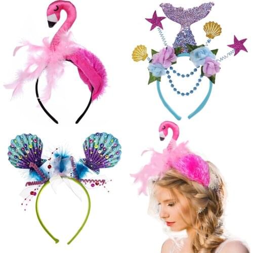 Amawill Mermaid Crown Headband Flamingo Headpiece Hair Hoop Adults Kids Cameo Shell Hair Accessories Birthday Party Decoration