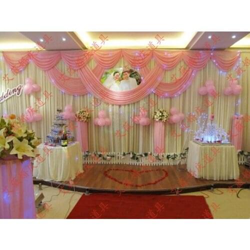 Wholesale and retail 3x6m white and pink wedding backdrop curtain with swag wedding drapes , wedding stage backdrop